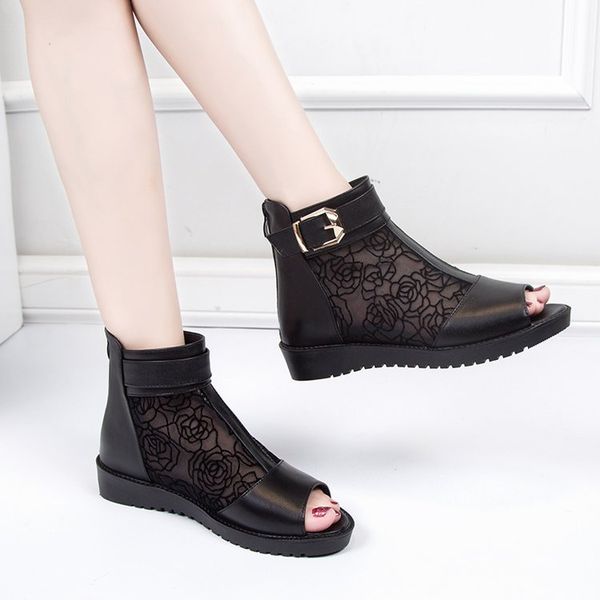 

spring and summer european and american new fish mouth ladies sandals shoes woman fashion mesh flat heel roman sandals mujer, Black