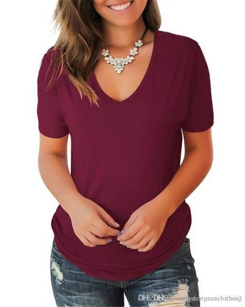

solid color v neck short sleeve womens tshirts summer thin relaxed ladies designer female tees, White