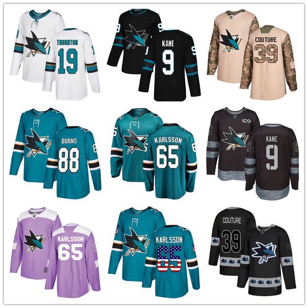 

Custom San Jose Sharks Jersey 65 Erik Karlsson 88 Brent Burns 9 Evander Kane 19 Joe Thornton 39 Logan Couture USA Flag hockey jerseys