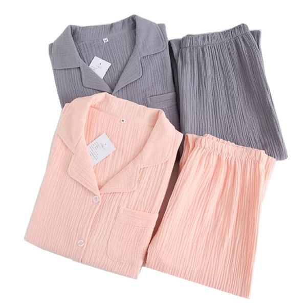 

spring autumn couples pajamas sets women 100% crape cotton pijamas pure color simple women indoor pijamas mujer sleepwear, Black;red