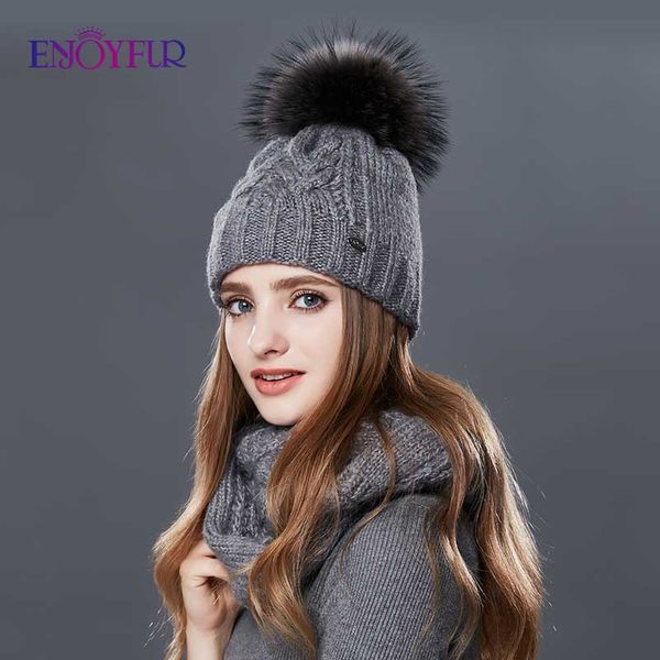 

enjoyfur women winter hat and scarf set warm cashmere knitted hat scarf for girls fur pompoms hats lady beanies, Blue;gray