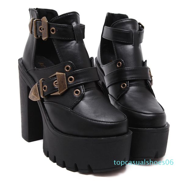 

fashion buckle platform chunky heels designer shoes motorcycle ankle bootie 06t, Black