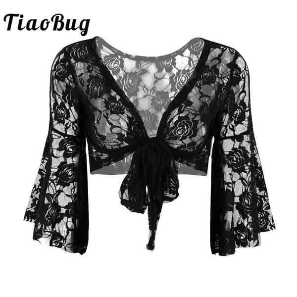 

tiaobug women long flare sleeve butterfly lace ballerina shrug ballet lyrical dance costume cover up cardigan wrap dancewear, Black;red