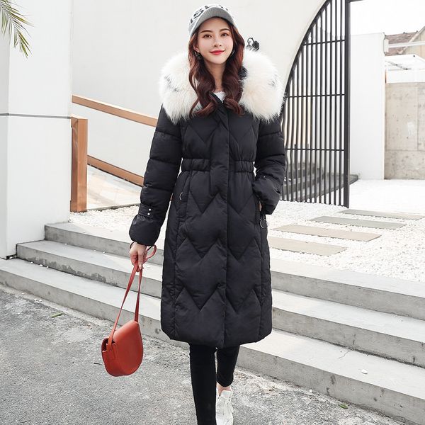 

parka womens winter coats big fur belt hooded thick down parkas slim cotton padded warm long coats parka #zer, Black