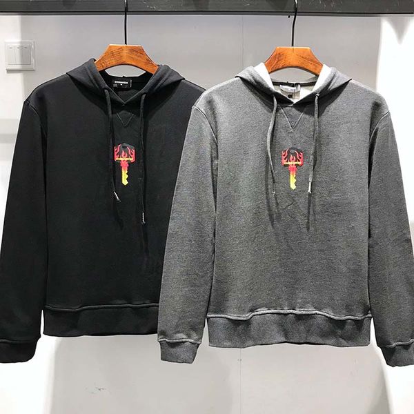

2019 men's autumn new cotton sweater slim casual long sleeve hooded black grey key pattern top