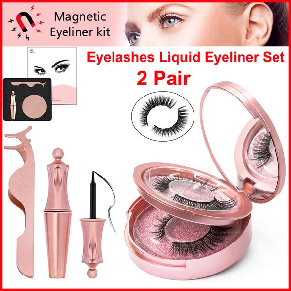Magnetischer Flüssig-Eyeliner, 3D-Magnetwimpern-Pinzetten-Set, Augen-Make-up, 2 Paar, wiederverwendbare falsche Wimpern, kein Kleber erforderlich, künstliche Wimpern mit Spiegel