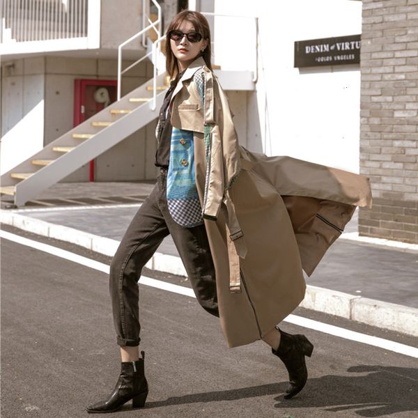

lanmrem 2019 autumn and winter new products fashion lapel print deconstructed suit stitching fake two-piece trench coat pb197, Tan;black
