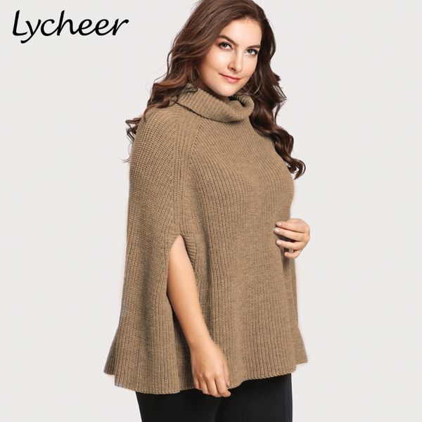 

lycheer plus size knitted turtleneck cloak sweater women camel casual pullover autumn winter streetwear women sweaters pullovers, Black