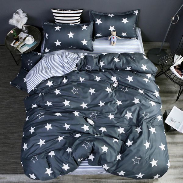 Grey Stars Stripes Bedding Set Polyester Super Soft Duvet Cover