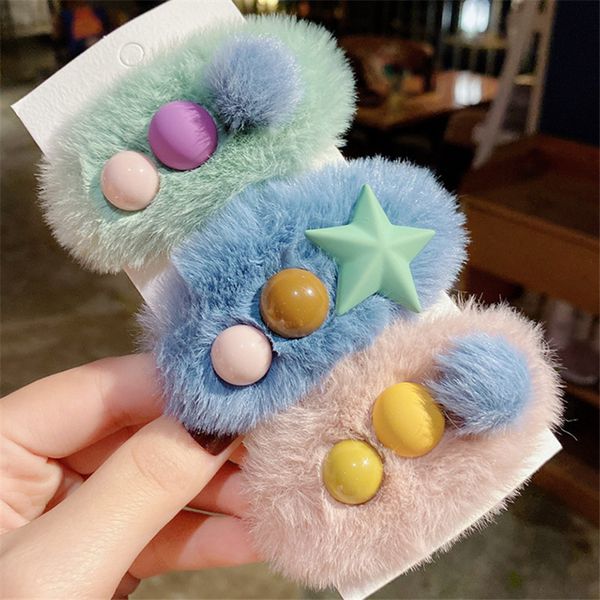 

12pcs/lot star round candy color plush faux fur hair clips bb clips for girls geometric waterdrop kids hairpin hair accessories, Slivery;white