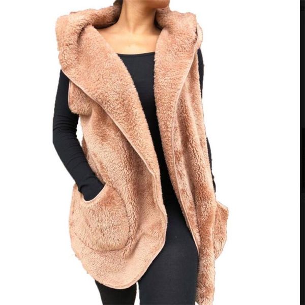 

solid color fur warm vest jacket sleeveless hooded big pocket fashion women coat winter street fashion outfits rrk241g, Black;white