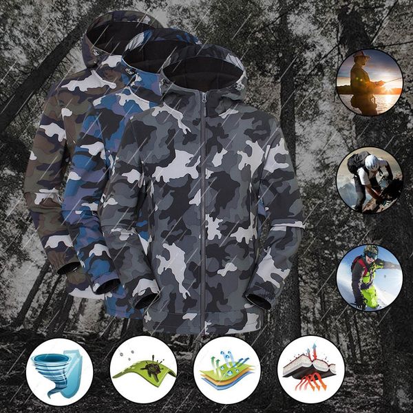 

men's jacket outdoor waterproof windproof hiking waterproof shell jacket men's camouflage thick warm shell, Black