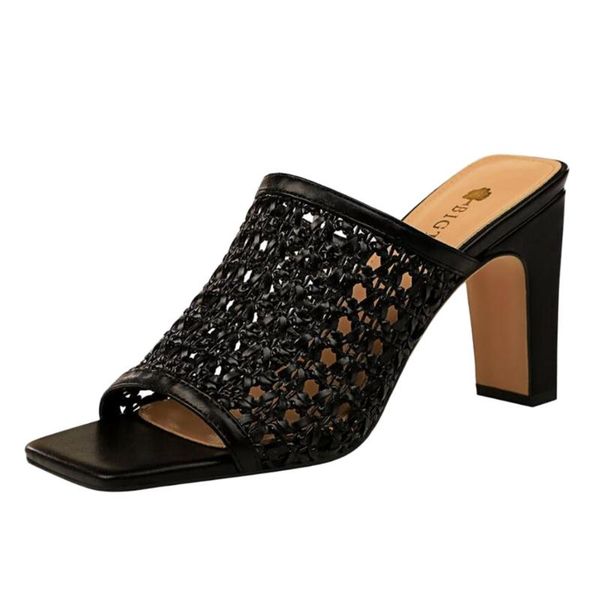 

2020 summer retro square-toe women's shoes comfortable fashion durable slippers high-heeled hollow ladies slippers cartera mujer, Black