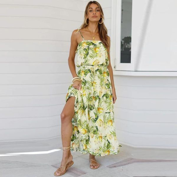 

summer dress vacation tropical rain forest print spaghetti strap ankle-length sleeveless bohemian draped long dresses #js5, Black;gray