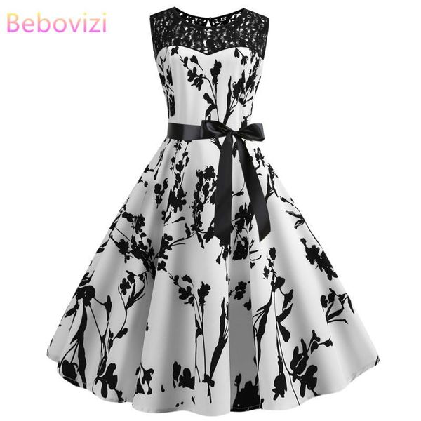 

bebovizi fashion women 2019 new casual summer elegant party dress lace flower print vintage plus size o-neck bandage dress, Black;gray