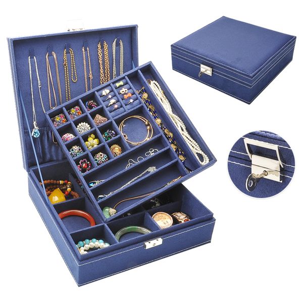 

large protable 2 layers lint wooden jewelry box organizer earrings/fing rings/necklace/bracelets/choker display storage case box, Black;white