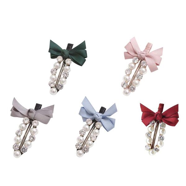 

5 pcs hair bow imitation pear cute rhinestone hairpins bow tie barrettes bowknot hair accessories clips, Golden;silver