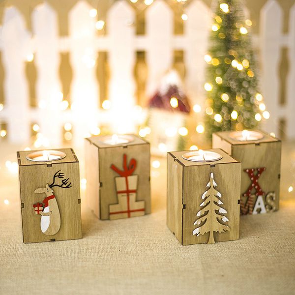 

creative christmas wood christmas tree gift box letter elk candle holder candlestick table lamp for tea light decoration 7x9cm