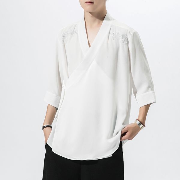 

coat clothes black embroidery kimono jacket men summer neck streetwear cardigan hip hop #0578 5xl plus mens v white size loose rgxoe