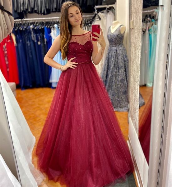 2020 de alta qualidade vinho tinto Vestidos tripulação ilusão pura pescoço A linha Prom Dresses Tulle com pérolas formal Vestidos Mulheres vestido de festa