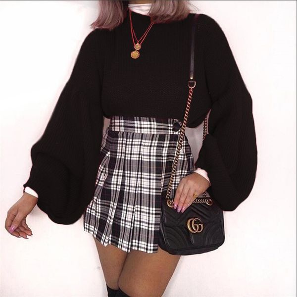 

korean knitted sweater jumpers women long lantern sleeve loose casual winter sweater pullovers pull femme hiver, White;black