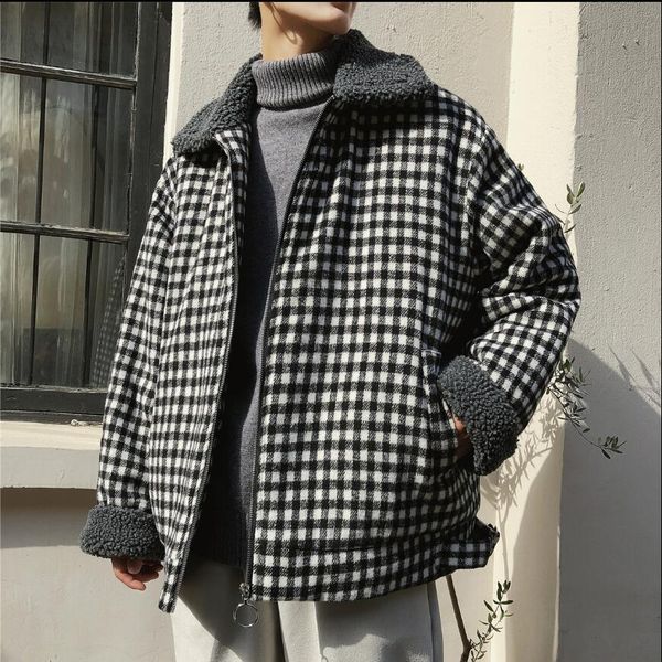 

m- autumn and winter lamb hair coat men trend korean version lattice loose lapel thick cotton coat student cotton jackets, Black