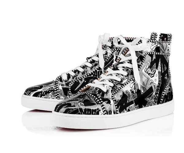 

2019s black white graffiti genuine leather men's sneaker red bottom flat mens orlato patent nicograf high lace up trainers wholesale