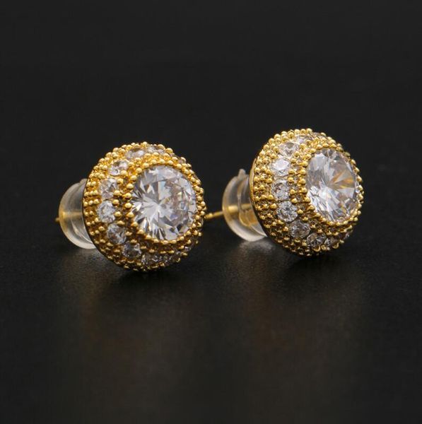 

hip hop full diamonds ear studs for men geometry rhinestone gold stud earrings real gold plated copper diamond circular jewelry, Golden