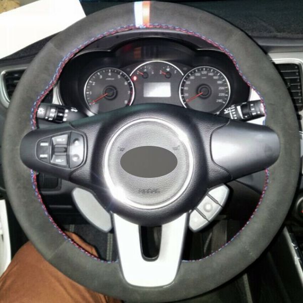

black suede diy hand-stitched car steering wheel cover for kia carens 2012 2013