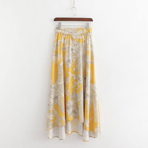 

rr floral printed long skirts women fashion elastic waist skirts women summer front buttons loose female ladies ex03, Black