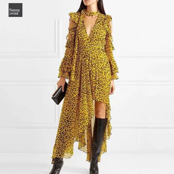 

women female dresses for leopard off shoulder flare sleeve asymmetric hem backless ruffles dress v neck vintage clothes, Black;gray