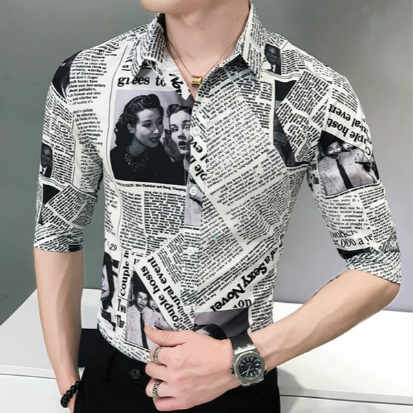

2019 men's fashion casual seven-sleeve printed newspaper shirt men social business dress shirt brand male soft and comfortable, White;black