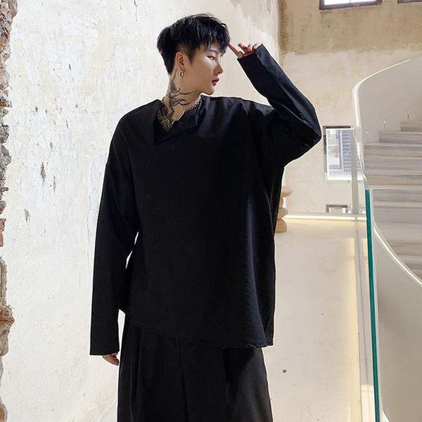 

men long sleeve asymmetric collar loose casual pullover shirt male japan hip hop couple shirts stage show costumes, White;black
