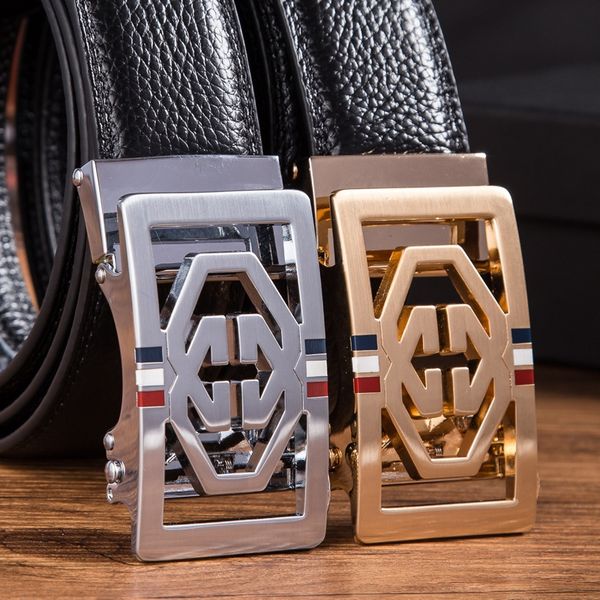 

men's leather automatic hollow buckle head cowhide casual men's leather automatic buckle belt belt belt, Black;brown