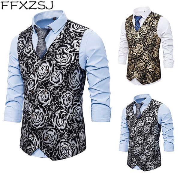 

ffxzsj men's new fashion leisure business fishing vest rose print dress double-breasted dress european and american sizes xxl, Black;white