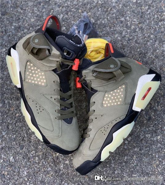 

new authentic travis scott x air 6 cactus jack medium olive sneakers glow in the dark army green suede 3m retro basketball shoes with box