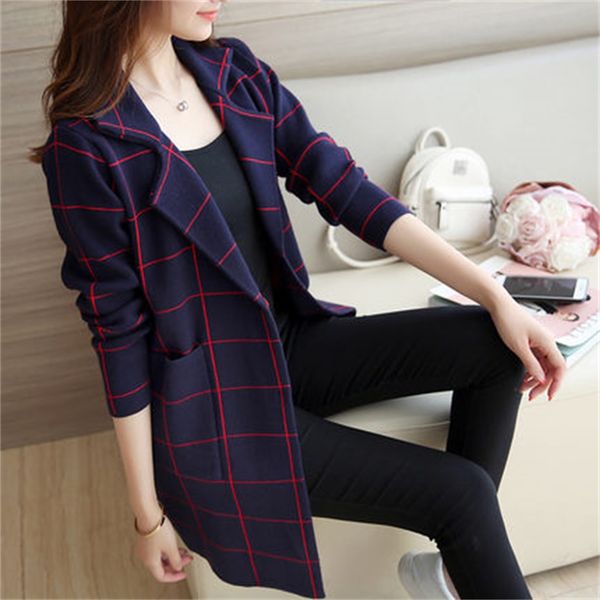 

the new women's suit collar coat autumn and winter long section knitted jacket lattice pocket slim cardigan tb70911, Tan;black