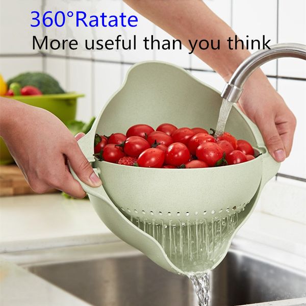 

double drain basket 360Â° rotation detachable round plastic kitchen washing rice sieve fruit vegetable storage baskets