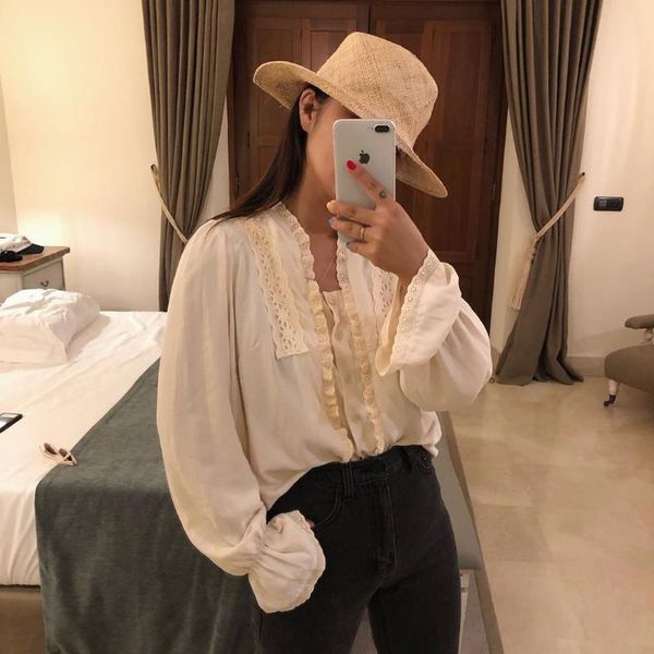 

korean fashion womens blouses long sleeve floral trim single breasted lady casual loose vintage office elegant blusas mujer, White