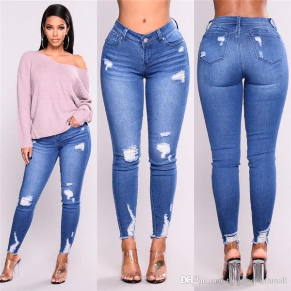 

light luxury hole tight леггинсы вскользь женские джинсы упругие тощий карандаш брюки синий классический дизайн женская одежда, Blue