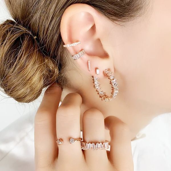 

fashion baguette cubic zirconia hoop piercing earrings luxury sparking bling gold color classic modern european women jewelry, Golden;silver
