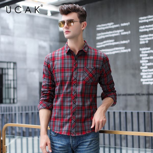 

ucak brand shirt men 2020 new fashin arrival cotton casual turn-down collar streetwear plaid chemise homme men shirts u6007, White;black