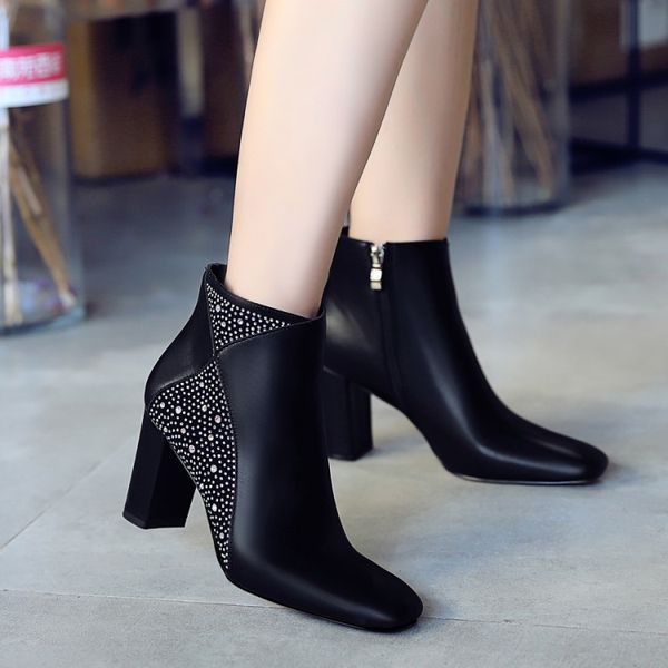 

big size boots women shoes ankle boots for women ladies shoes woman winter zipper square head on side of drill, Black