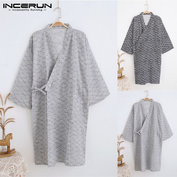 

incerun fashion men robes print sleepwear short sleeve japanese style kimono loose soft leisure men homewear bathrobes plus size, Black;brown