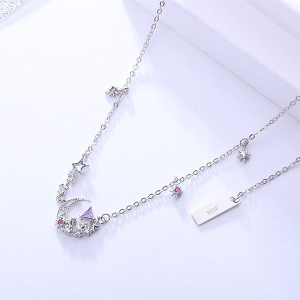 

s925 silver charming colorful moon star shaped zirconia pendant necklace for women new year gift joyas whoelsale