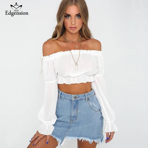 

new 2018 summer fashion off shoulder short crop chiffon blouse women long sleeve slash neck shirts blouses female, White