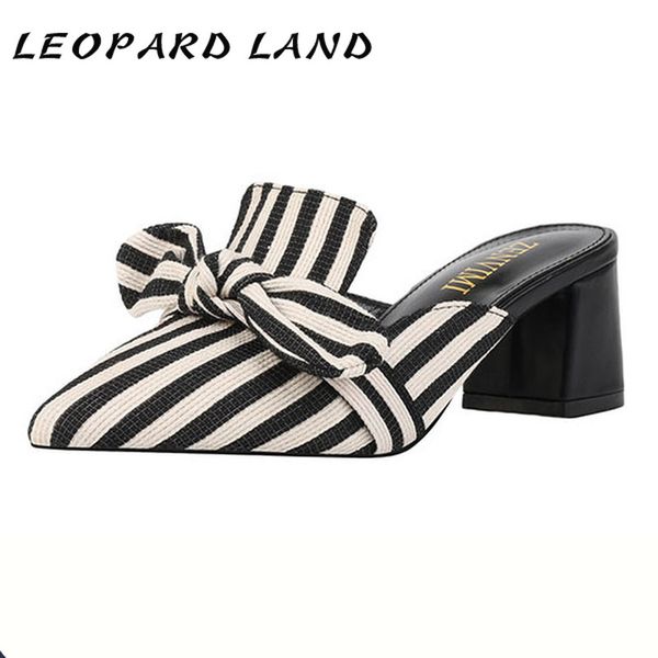 

leopard land5.5cm 2020 summer bow stripe sandals shallow mouth thick heel casual women's slippers high heel women's shoes lbz, Black