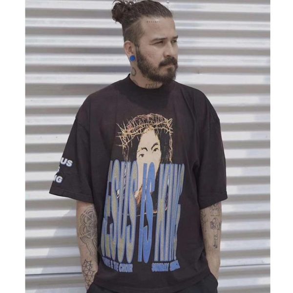 

20ss jesus is king glitter letter printing tshirt comfortable short sleeve cotton shirts men women hip-hop couple designer t-shirt hfxhtx148, White;black