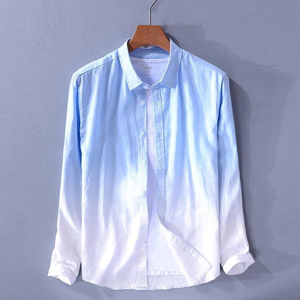 

2019 suehaiwe's brand italy style long-sleeved pure linen shirt men blue gradient shirt mens fashion summer shirts chemise, White;black