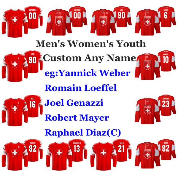 

швейцария 2019 чемпионат мира по хоккею хоккей трикотажного йоси джерси саймон moser янник вебер нико hischier hofmann пользовательский прош, Black;red